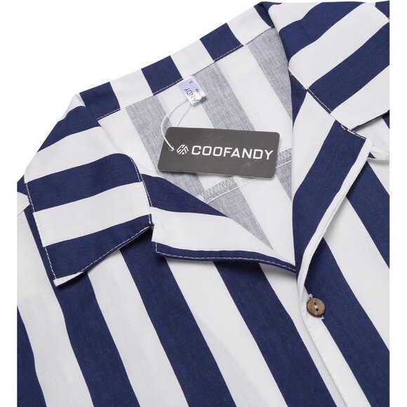 Men's Hawaiian Shirts Short Sleeve Linen Button Down Beach Shirts Stripe Navy - Picture 4 of 5